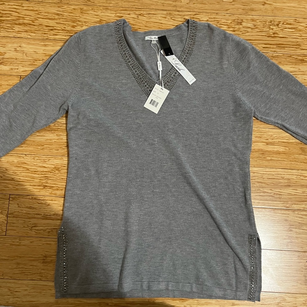 Gray V-Neck Sweater with Embellishments